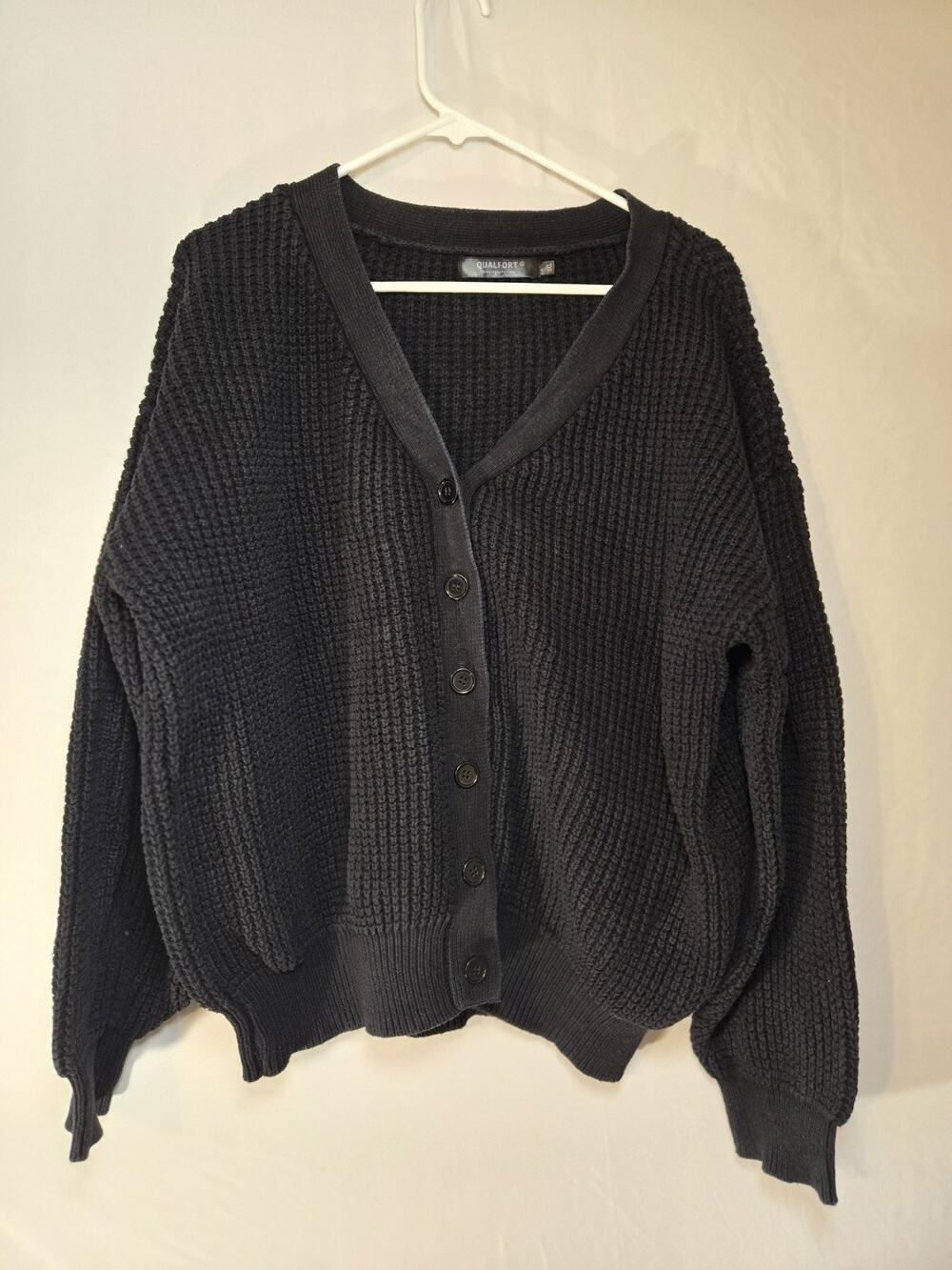 Qualfort US Womens Plus Size 3X Cardigan Sweater Black Button Front Chunky Knit